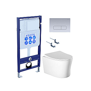 Унитаз подвесной Aquatek НИКА AQ2009-00+INS-0000012+KDI-0000014+KKI-0000002 белый, безободковый, с крышкой микролифт, с инсталляцией и кнопкой хром матовый купить в интернет-магазине Sanbest