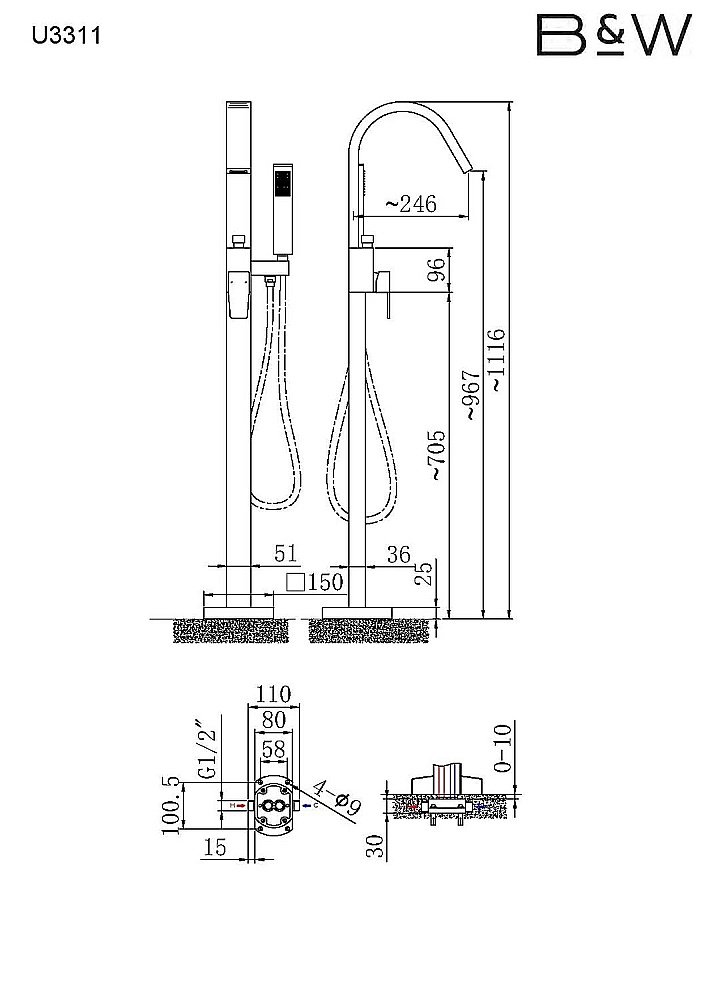 Смеситель для ванны Black&White Universe U3311 купить в интернет-магазине сантехники Sanbest