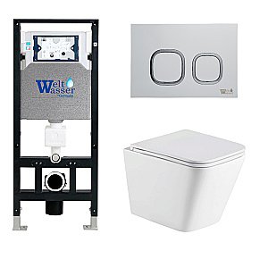 Унитаз подвесной WeltWasser AMBERG 506 + GELBACH 043 GL-WT + AMBERG RD-WT белый глянцевый, безободковый, с крышкой микролифт, слив-торнадо, с инсталляцией и белой кнопкой купить в интернет-магазине Sanbest