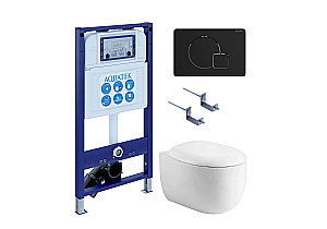 Унитаз подвесной с инсталляцией Aquatek Альтаир SET AQUATEK АЛЬТАИР cm-069 4в1 белый/кнопка черная матовая, безободковый, с крышкой микролифт купить в интернет-магазине Sanbest