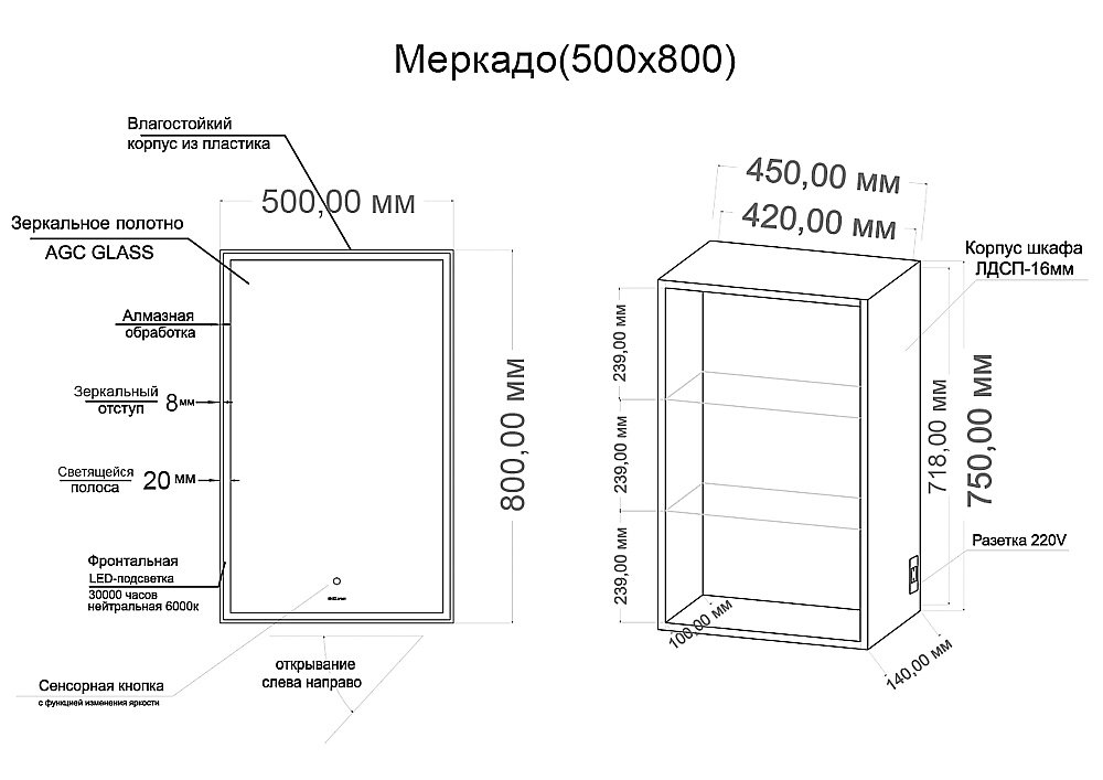 Зеркальный шкаф Grossman Меркадо 50 205005 белый купить в интернет-магазине сантехники Sanbest