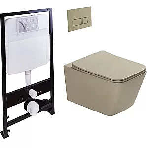 Унитаз подвесной с инсталляцией SantiLine SL-5007T-BG+SL-01/BG бежевый матовый/кнопка бежевая матовая, безободковый, с крышкой микролифт, слив торнадо купить в интернет-магазине Sanbest