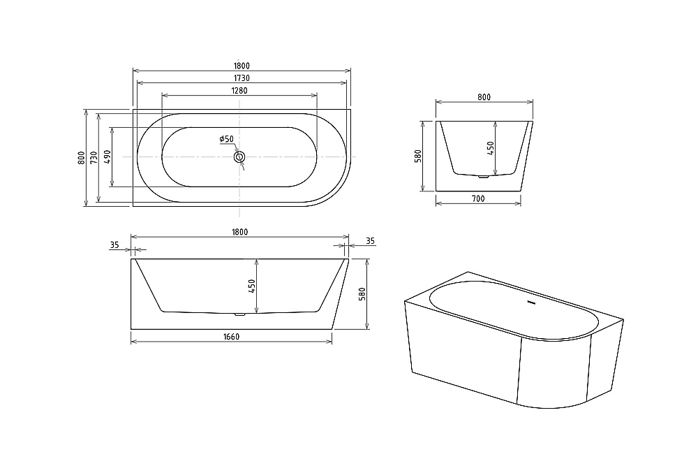 Акриловая ванна Royal Bath RIVA RB610312-CH 180х80 белый купить в интернет-магазине Sanbest