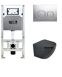 Унитаз подвесной WeltWasser AMBERG 506 ST + HEIMBACH 043 MT-BL + AMBERG RD-CR черный матовый, безободковый, с крышкой микролифт, слив-торнадо, с инсталляцией и кнопкой хром глянцевый купить в интернет-магазине Sanbest