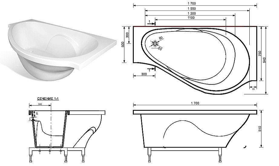 Ванна Эстет Грация 170x94 цвет по RAL c блестками купить в интернет-магазине Sanbest