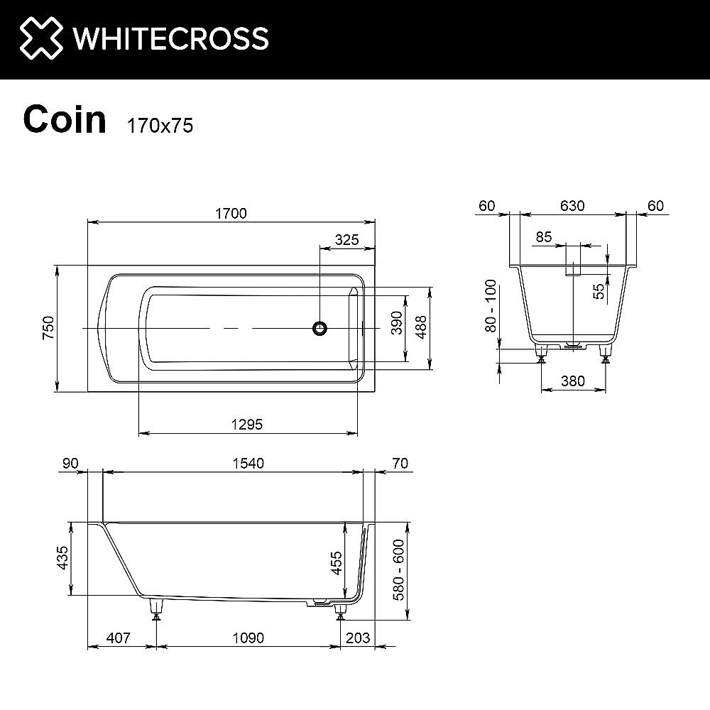 Ванна из искусственного камня WhiteCross Coin 170x75 0224.170075.200 белая матовая купить в интернет-магазине Sanbest