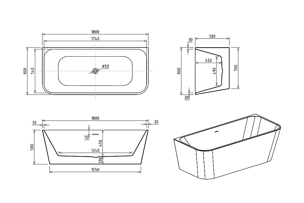 Акриловая ванна Royal Bath RIVA RB610400BL 180х80 белый купить в интернет-магазине Sanbest