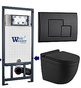 Унитаз подвесной WeltWasser MARBERG 507 + HEIMBACH 043 MT-BL + MAR 507 SE MT-BL черный матовый, безободковый, с крышкой микролифт, слив-торнадо, с инсталляцией и черной матовой кнопкой купить в интернет-магазине Sanbest