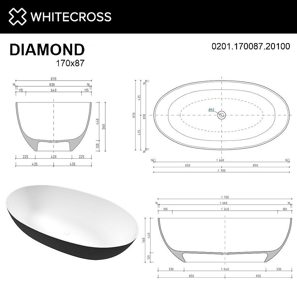 Ванна из искусственного камня WhiteCross Diamond 170x87 черный/белый матовый купить в интернет-магазине Sanbest