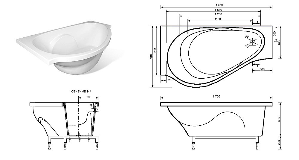 Ванна Эстет Грация 170x94 цвет по RAL c блестками купить в интернет-магазине Sanbest