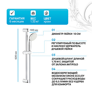 Душевой гарнитур Grohe Tempesta New 100 27924001 хром купить в интернет-магазине сантехники Sanbest