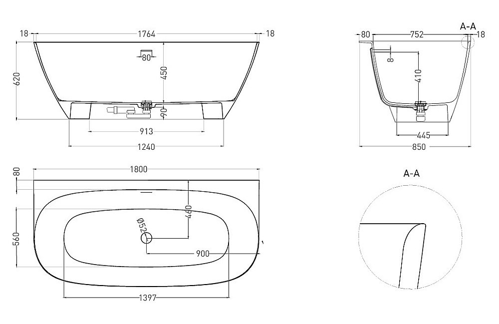 Ванна Salini Sofia Wall S-Stone 180x85 102523MF RAL матовая купить в интернет-магазине Sanbest