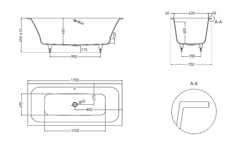 Ванна Salini Orlanda AXIS S-Sense 170x75 103213G белая купить в интернет-магазине Sanbest