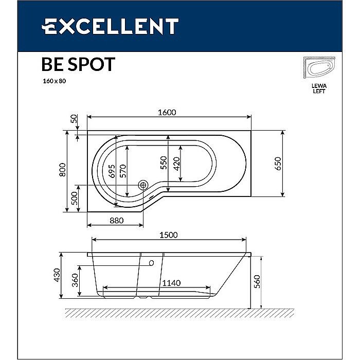 Ванна акриловая EXCELLENT Be Spot RELAX WAEX.BSL16.RELAX.CR 160x80 белая с гидромассажем купить в интернет-магазине Sanbest