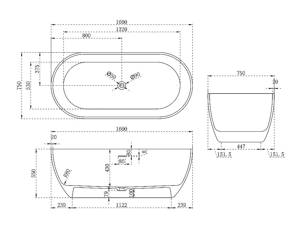 Ванна Abber Stein 160x75 AS9613-1.6 белая матовая купить в интернет-магазине Sanbest