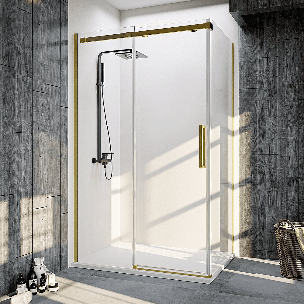 Душевой уголок Veconi Rovigo RV070G-140100-01-C4 140х100 стекло прозрачное/профиль брашированное золото купить в интернет-магазине Sanbest