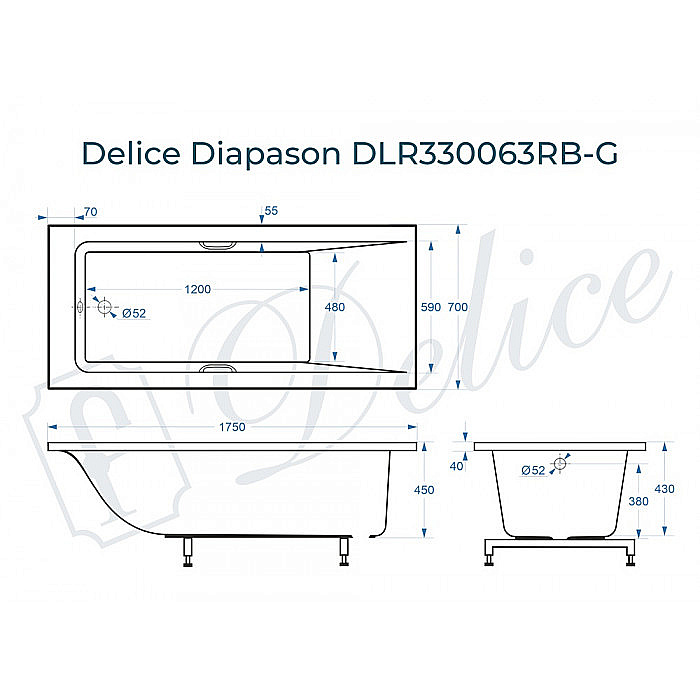 Ванна Delice Diapason DLR330063RB-G 175х70 белая/ручки черные купить в интернет-магазине Sanbest