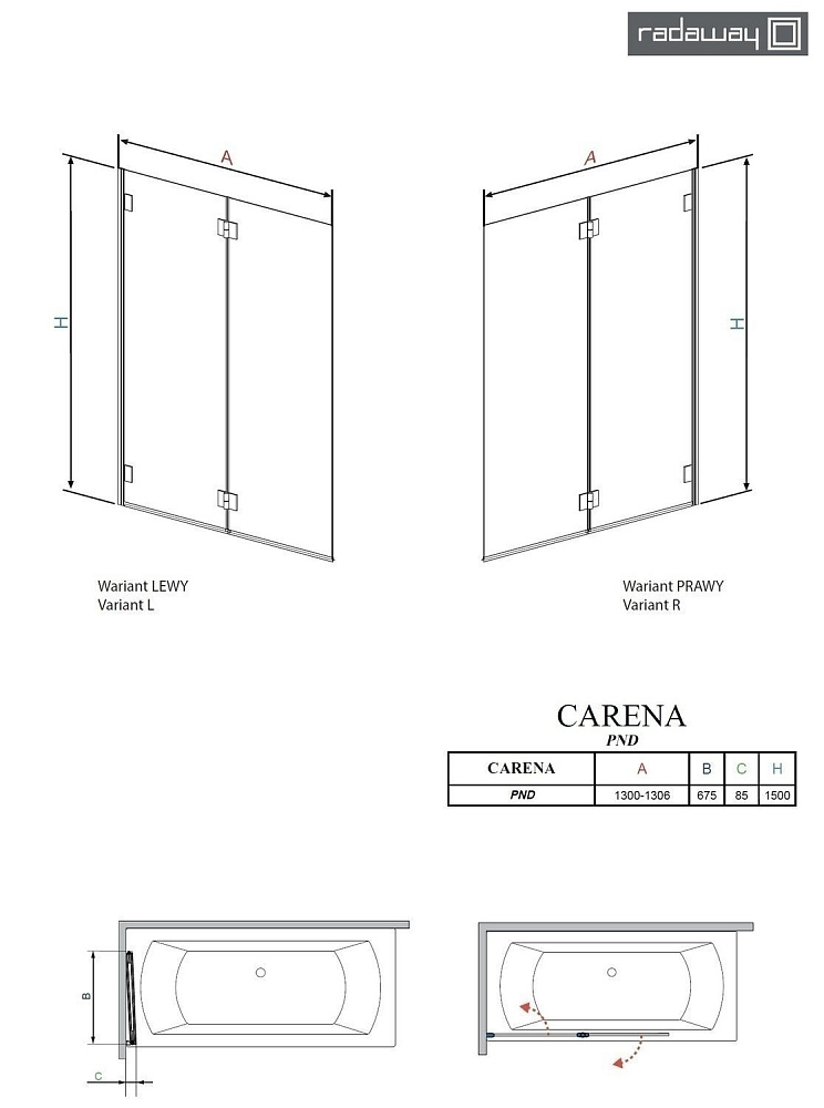 Шторка для ванны Radaway Carena PND 130 купить в интернет-магазине Sanbest