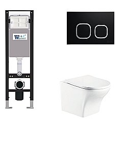 Унитаз подвесной WeltWasser AMBERG 350 + ODENBACH 004 GL-WT + AMBERG RD-BL белый глянцевый, безободковый, с крышкой микролифт, с инсталляцией и черной кнопкой купить в интернет-магазине Sanbest