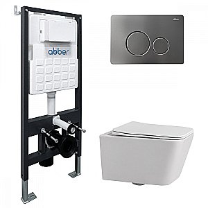Унитаз подвесной Abber Rechteck AC1201-AC0105-AC0121NG белый, безободковый, с инсталляцией, с крышкой микролифт, с кнопкой никель купить в интернет-магазине Sanbest