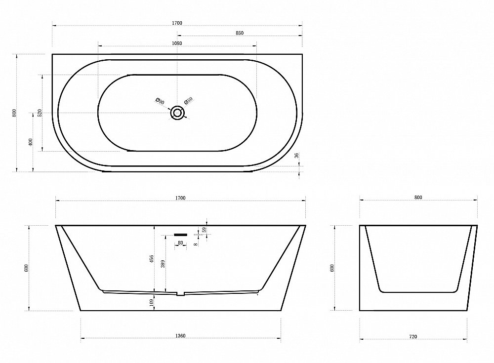 Ванна акриловая ABBER AB9216-1.7MW 170х80 белая матовая купить в интернет-магазине Sanbest