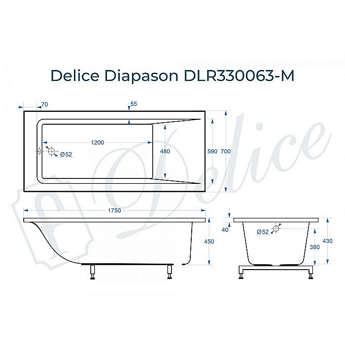 Ванна Delice Diapason DLR330063-M 175х70 белая матовая купить в интернет-магазине Sanbest