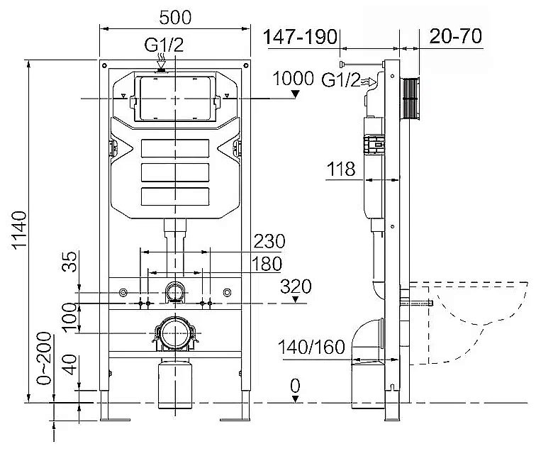 Унитаз подвесной Ceramica Nova Forma CN3009_1001B_1000 безободковый, с крышкой микролифт, с инсталляцией и черной матовой кнопкой купить в интернет-магазине Sanbest
