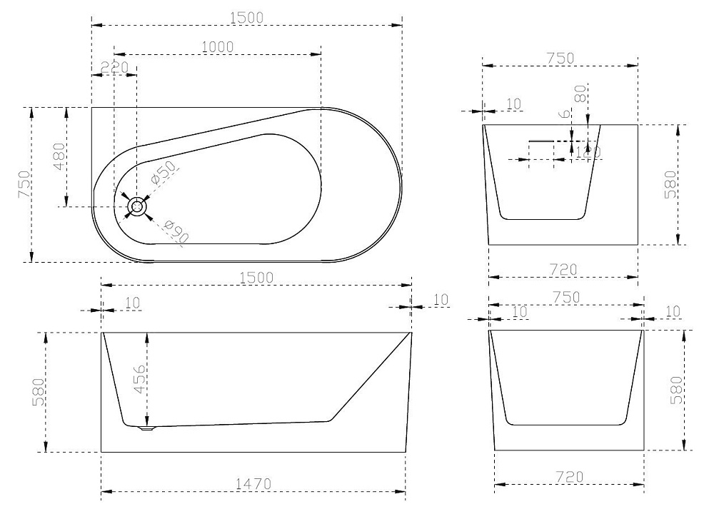 Акриловая ванна Abber AB9496-1.5 L 150х75 купить в интернет-магазине Sanbest