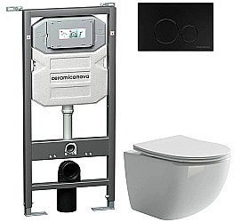 Унитаз подвесной Ceramica Nova Forma CN3009_1001B_1000 безободковый, с крышкой микролифт, с инсталляцией и черной матовой кнопкой купить в интернет-магазине Sanbest