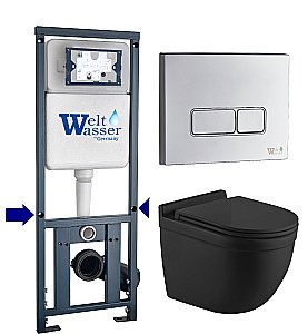 Унитаз подвесной WeltWasser MARBERG 410 + HEIMBACH 043 MT-BL + MAR 410 SE-CR черный матовый, безободковый, с крышкой микролифт, слив-торнадо, с инсталляцией и кнопкой хром глянцевый купить в интернет-магазине Sanbest