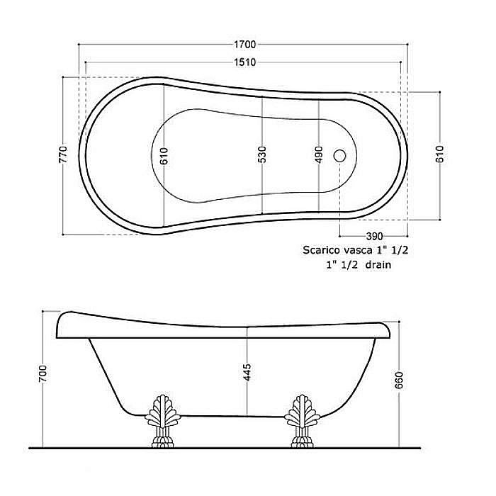 Ванна акриловая Kerasan Retro 105593 170x77 белая, ножки бронза купить в интернет-магазине Sanbest