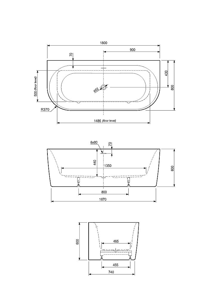 Ванна акриловая Cezares METAURO-INT-Wall-180-80-60 купить в интернет-магазине Sanbest