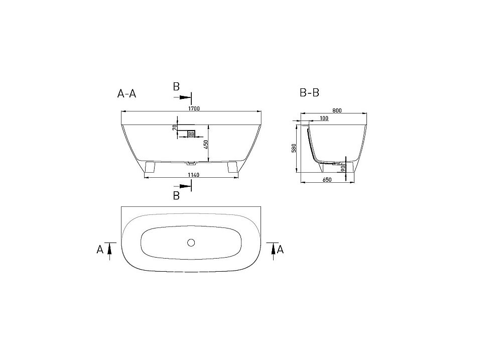 Ванна Salini SOFIA WALL S-Sense 170х80 102512GRH белая/снаружи RAL купить в интернет-магазине Sanbest