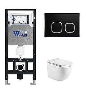 Унитаз подвесной WeltWasser AMBERG 506 + HEIMBACH 043 GL-WT + AMBERG RD-BL белый глянцевый, безободковый, с крышкой микролифт, слив-торнадо, с инсталляцией и черной кнопкой купить в интернет-магазине Sanbest