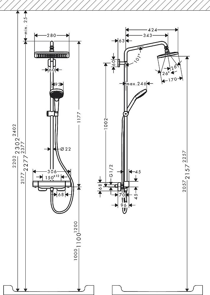 Душевая система Hansgrohe Croma E Showerpipe 280 1jet 27630000 купить в интернет-магазине сантехники Sanbest