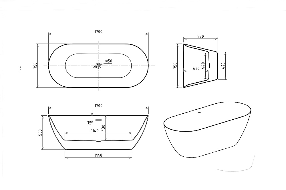 Акриловая ванна Royal Bath PAFOS RB611701GR 170х75 белый купить в интернет-магазине Sanbest