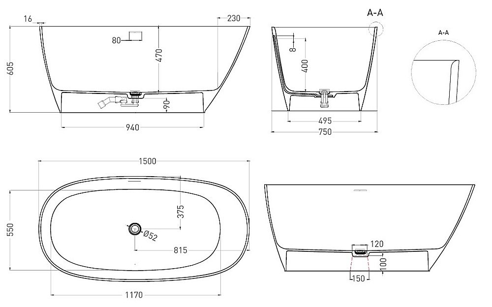 Ванна Salini Sofia S-Stone 102528M 150x75 белая матовая купить в интернет-магазине Sanbest