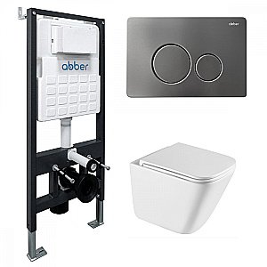 Унитаз подвесной ABBER Rechteck AC1219TC-AC0105-AC0121NG белый/кнопка никель, с крышкой микролифт, с инсталляцией, безободковый, слив-торнадо купить в интернет-магазине Sanbest