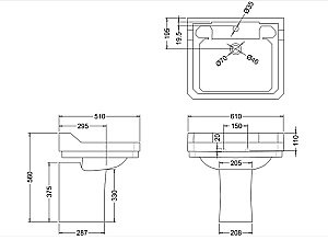 Раковина на полупьедестале Burlington Edwardian 62 B5 3TH-P8 белая купить в интернет-магазине Sanbest