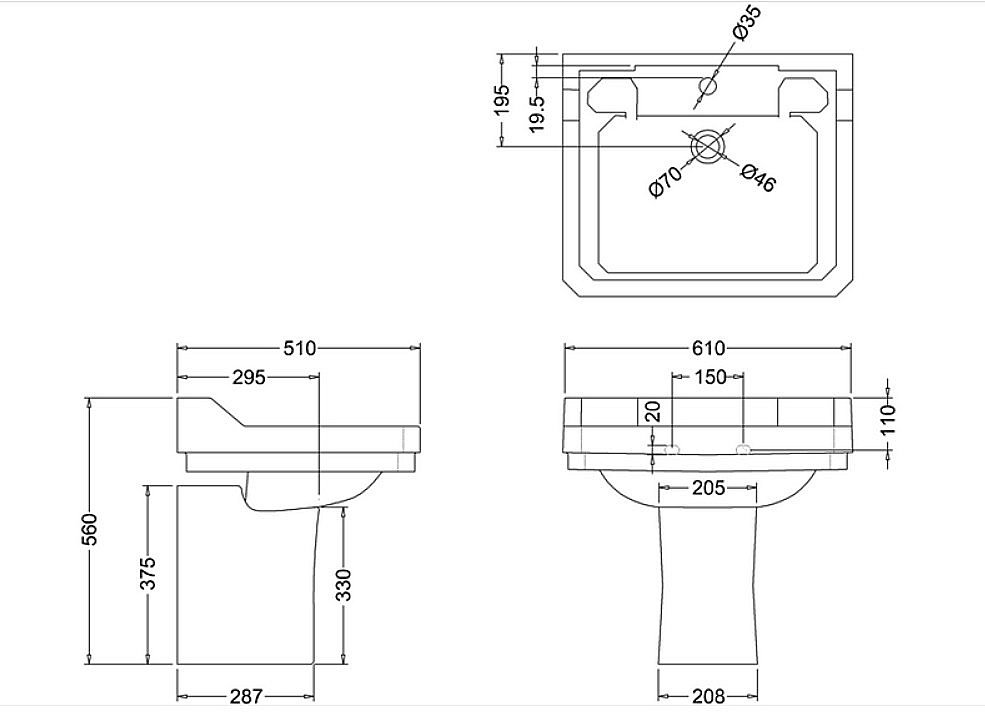 Раковина на полупьедестале Burlington Edwardian 62 B5 3TH-P8 белая купить в интернет-магазине Sanbest