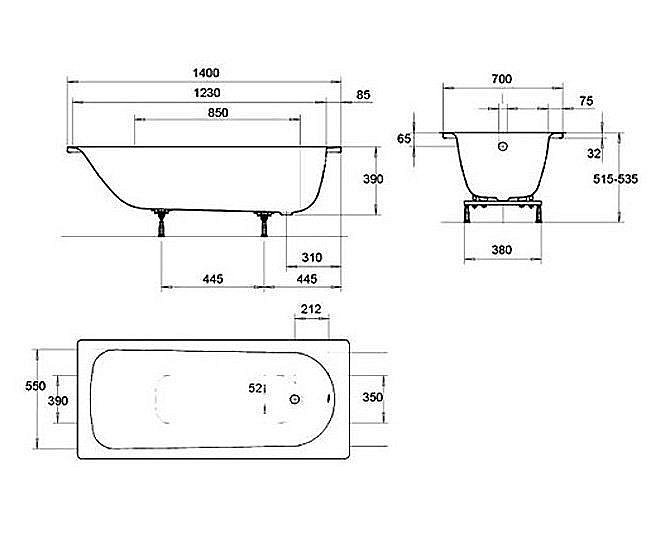 Ванна стальная Kaldewei Eurowa 309 140x70 119512030001 белый купить в интернет-магазине Sanbest