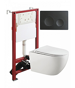 Унитаз подвесной Agger ATI12150+APB144 безободковый, с инсталляцией, смыв торнадо, с крышкой микролифт, белый глянцевый/кнопка черный матовый купить в интернет-магазине Sanbest