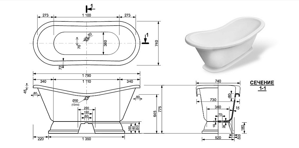 Ванна Эстет Бостон 180х74 на подиуме/цвет по RAL c блестками купить в интернет-магазине Sanbest
