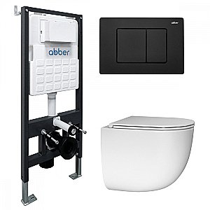 Унитаз подвесной ABBER Bequem AC1132TC-AC0105-AC0120MB белый/кнопка черный матовый, с крышкой микролифт, с инсталляцией, безободковый, слив-торнадо купить в интернет-магазине Sanbest