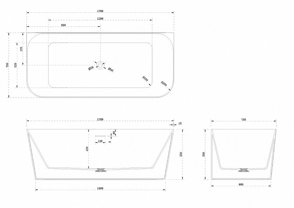 Ванна из искусственного камня ABBER Stein AS9617 170х75 белая матовая купить в интернет-магазине Sanbest