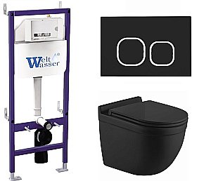 Унитаз подвесной WeltWasser BAMBERG 460+HEIMBACH 043 MT-BL+BAMBERG BL черный матовый, безободковый, с крышкой микролифт, слив-торнадо, с инсталляцией и черной кнопкой купить в интернет-магазине Sanbest