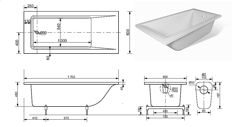 Ванна Эстет Дельта 170x80 цвет по RAL купить в интернет-магазине Sanbest