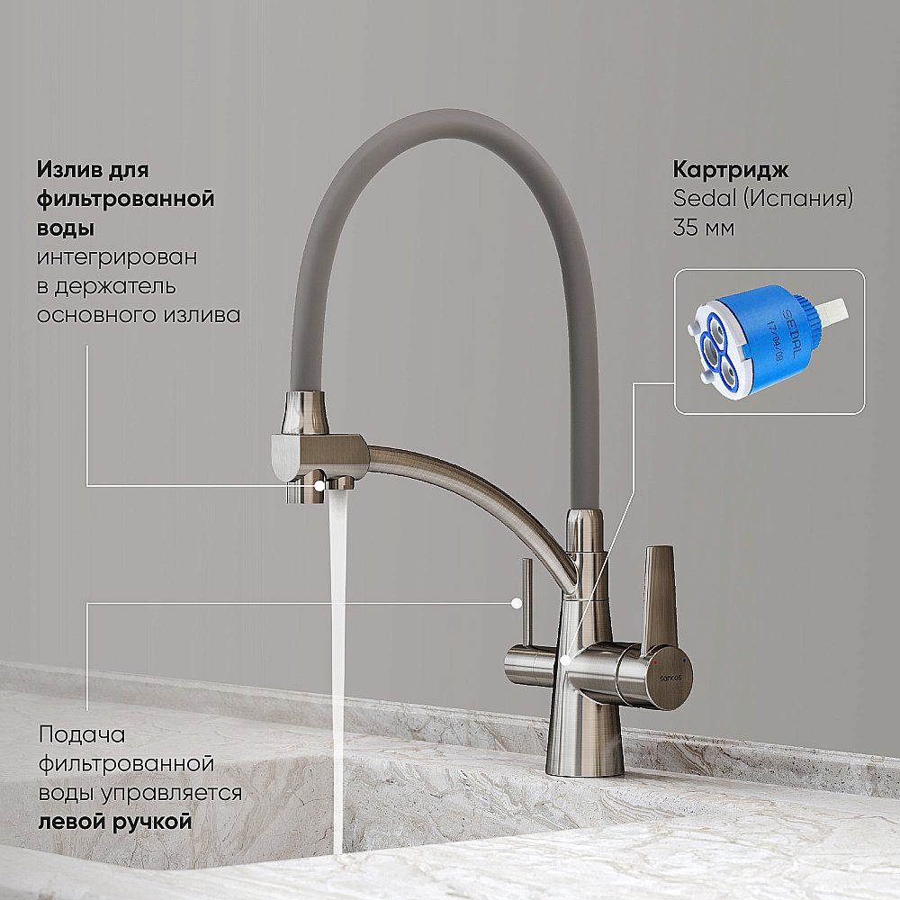 Смеситель для кухни Sancos Eri SC4001BN брашированный никель купить в интернет-магазине сантехники Sanbest