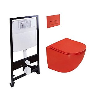 Унитаз подвесной с инсталляцией SantiLine SL-5005T-MR+SL-01/MR красный матовый/кнопка красная матовая, безободковый, с крышкой микролифт, слив торнадо купить в интернет-магазине Sanbest