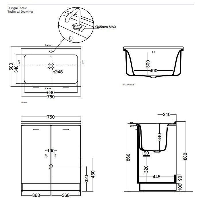 Тумба с раковиной постирочная Kerasan Aquadom 64 для ванной в интернет-магазине Sanbest